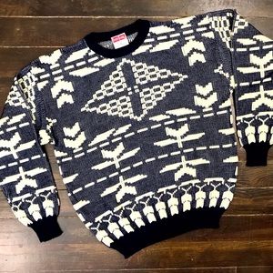 Bonjour retro sweater, blue & white